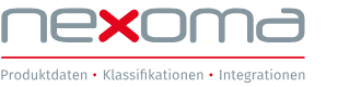 nexoma Logo mit Claim "Produktdaten. Klassifikationen. Integrationen"