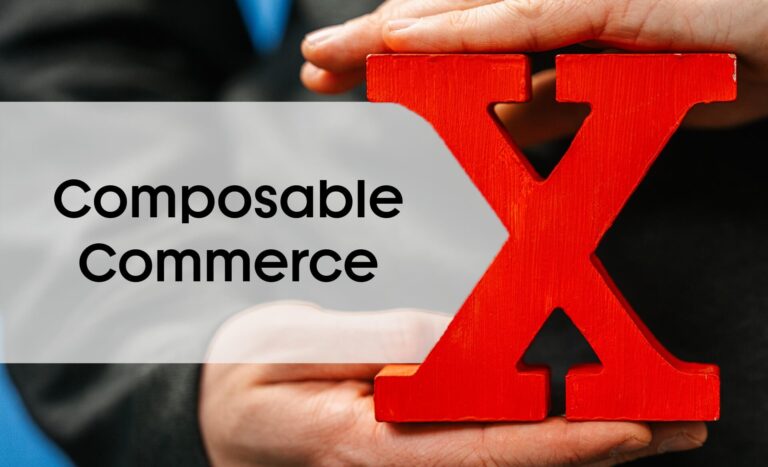 Beitragsbild zum NEXIpedia-Glossarbeitrag: Text "Composable Commerce" neben rotem X